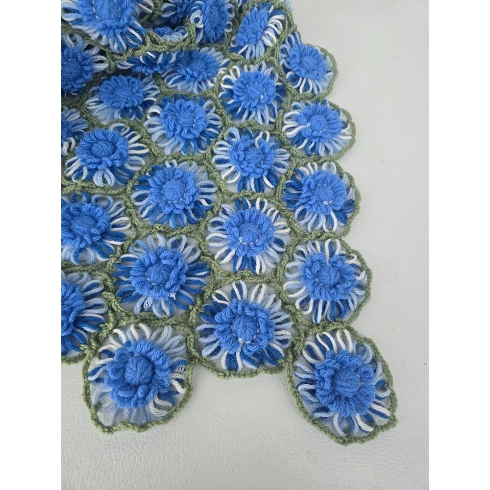 Vtg Hand Crocheted Granny Raised Floral Afghan Blanket Blue Green Large Throw